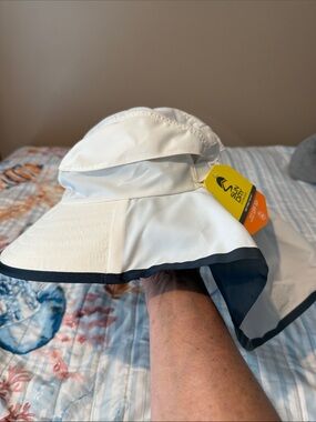 Women’s Sun Hat with Neck Flap — White with Navy Trim UPF 50+